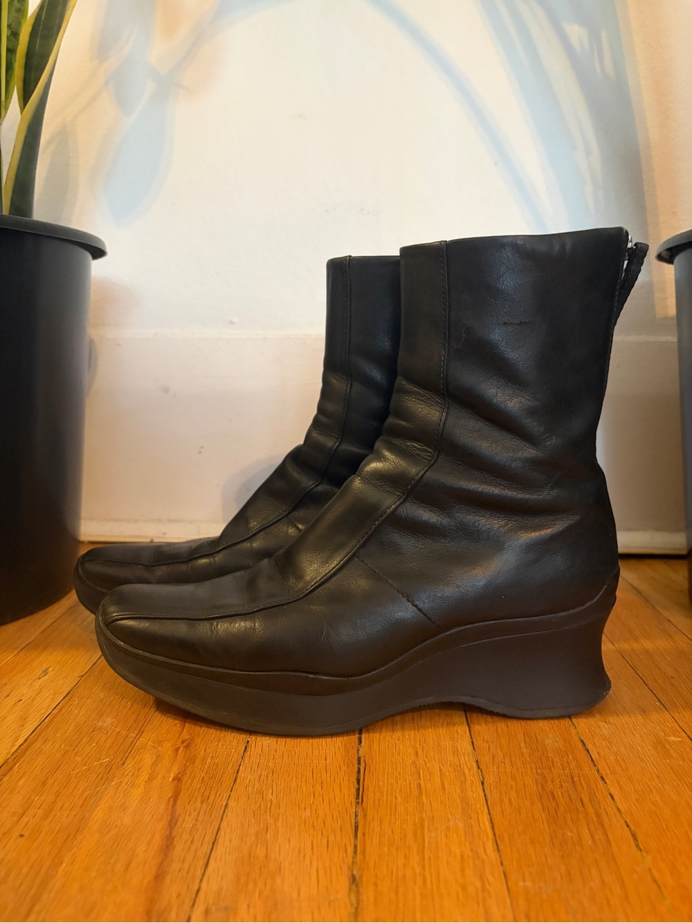 Prada Sport 1999 Archive Black Leather Wedge Boots Made in Italy